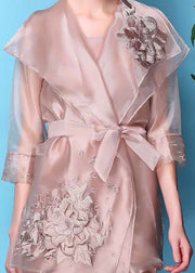 Bohemian Apricot Embroideried Organza Dress And Trench Two Piece Set Outfits Spring