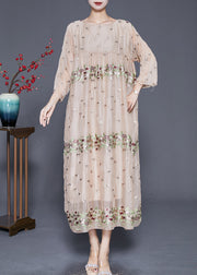 Bohemian Apricot Embroidered Oversized Silk Maxi Dresses Fall