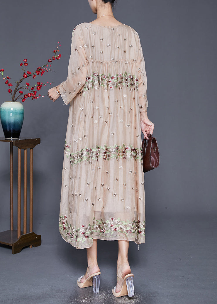 Bohemian Apricot Embroideried Oversized Silk Maxi Dresses Fall