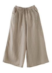 Bohemian Apricot Embroideried Pockets Linen Wide Leg Pants Fall