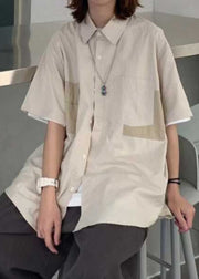 Bohemian Apricot Peter Pan Collar Pockets Cotton Men Shirt Summer