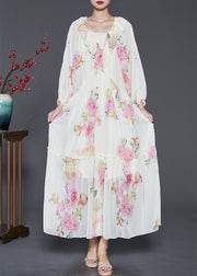 Bohemian Apricot Ruffled Print Chiffon Long Dresses Spring