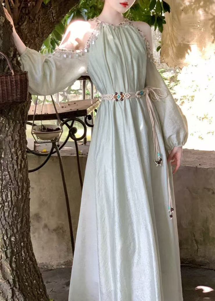 Bohemian Apricot Sequins Cold Shoulder Lantern Sleeve Silk Long Dress