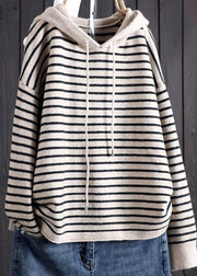 Bohemian Apricot Striped Patchwork Drawstring Hooded Knitted Cotton Thread Sweaters Fall