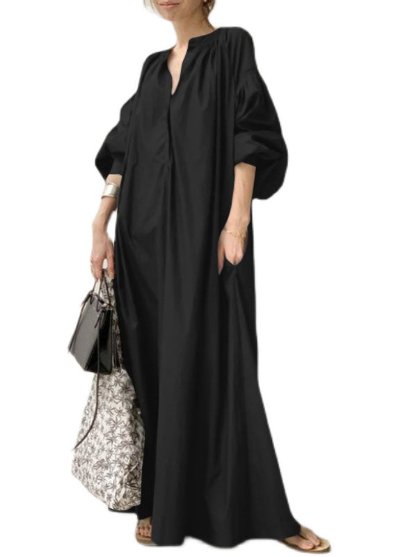 Bohemian Apricot V Neck Oversized Long Dresses Lantern Sleeve