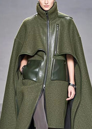 Bohemian Army Green Asymmetrical Patchwork Woolen Coats Fall