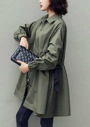 Bohemian Army Green Peter Pan Collar Zippered Drawstring Cotton Long Trench Coats Spring