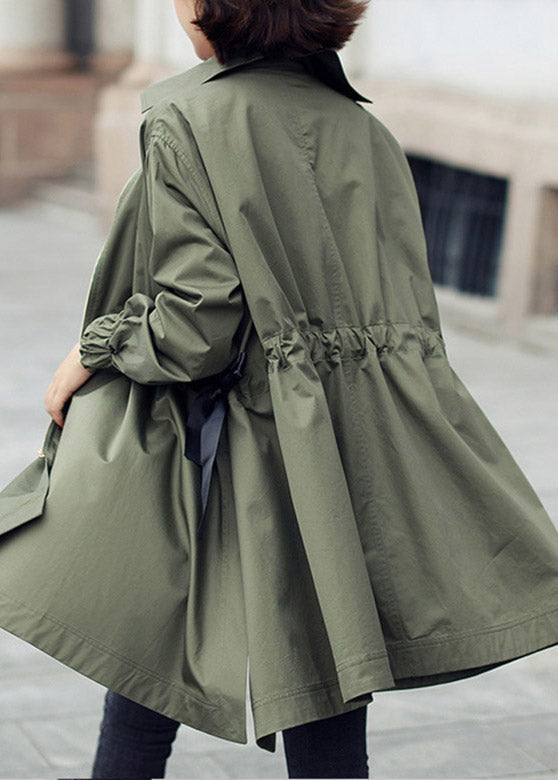 Bohemian Army Green Peter Pan Collar Zippered Drawstring Cotton Long Trench Coats Spring