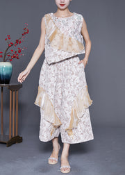 Bohemian Beige Asymmetrical Design Patchwork Silk Two Piece Suit Set Summer