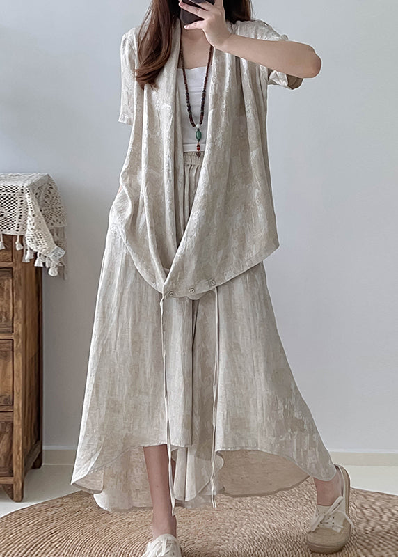 Bohemian Beige Asymmetrical Jacquard Cotton Two Pieces Set Fall