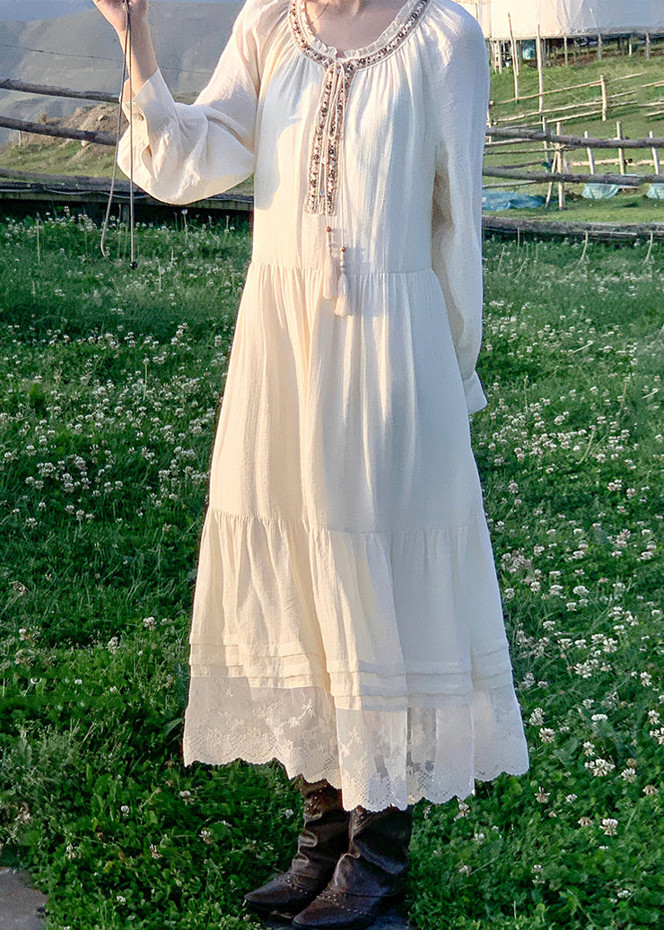 Bohemian Beige Lace Patchwork Cotton Long Dress Spring