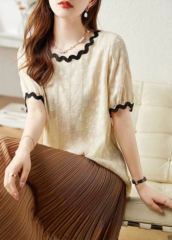 Bohemian Beige O-Neck Chiffon T Shirts Short Sleeve