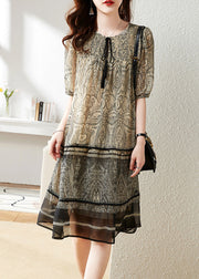 Bohemian Beige O-Neck Print Chiffon Maxi Dress Short Sleeve