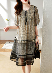 Bohemian Beige O-Neck Print Chiffon Maxi Dress Short Sleeve