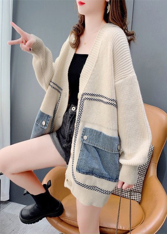 Bohemian Beige Oversized Denim Patchwork Knit Cardigan Winter