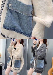 Bohemian Beige Oversized Denim Patchwork Knit Cardigan Winter