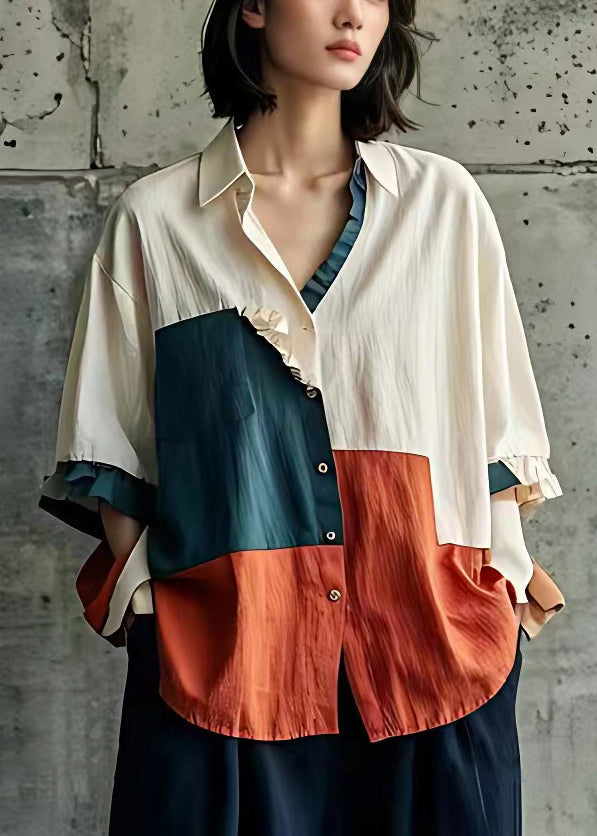 Bohemian Beige Peter Pan Collar Button Cotton Shirts Butterfly Sleeve