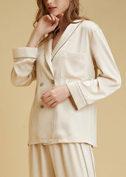 Bohemian Beige Peter Pan Collar Patchwork Ice Silk Pajamas Two Pieces Set Long Sleeve