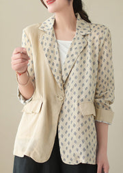 Bohemian Beige Peter Pan Collar Print Ramie Coats Long Sleeve