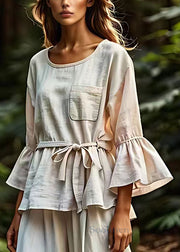 Bohemian Beige Pockets Tie Waist Cotton Blouse Flare Sleeve