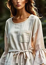 Bohemian Beige Pockets Tie Waist Cotton Blouse Flare Sleeve