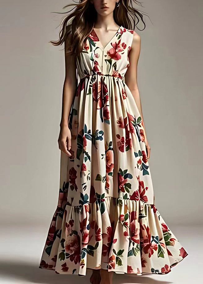 Bohemian Beige Print Wrinkled Cotton Maxi Dresses Sleeveless