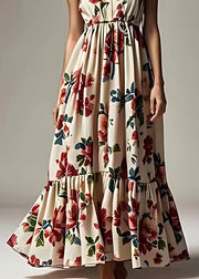 Bohemian Beige Print Wrinkled Cotton Maxi Dresses Sleeveless
