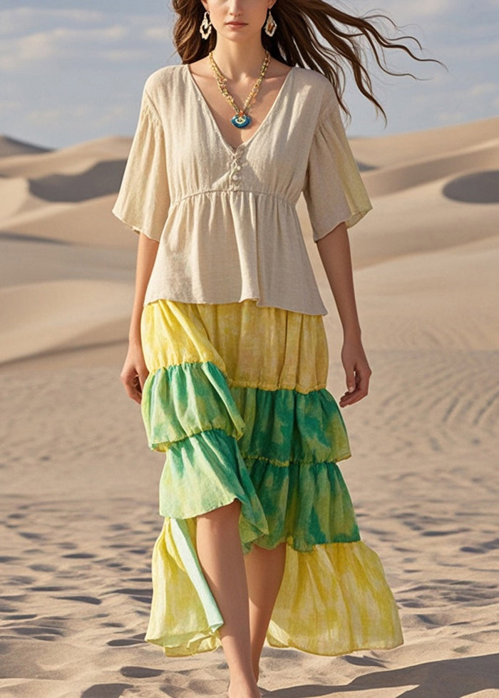 Bohemian Beige Ruffled Patchwork Cotton Dresses Summer