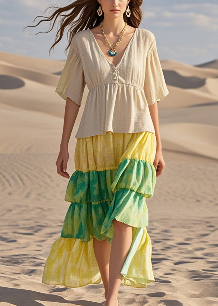 Bohemian Beige Ruffled Patchwork Cotton Dresses Summer