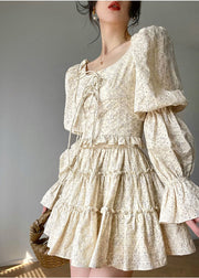 Bohemian Beige Square Collar Ruffled Print Cotton Dress Two Piece Set Long Sleeve