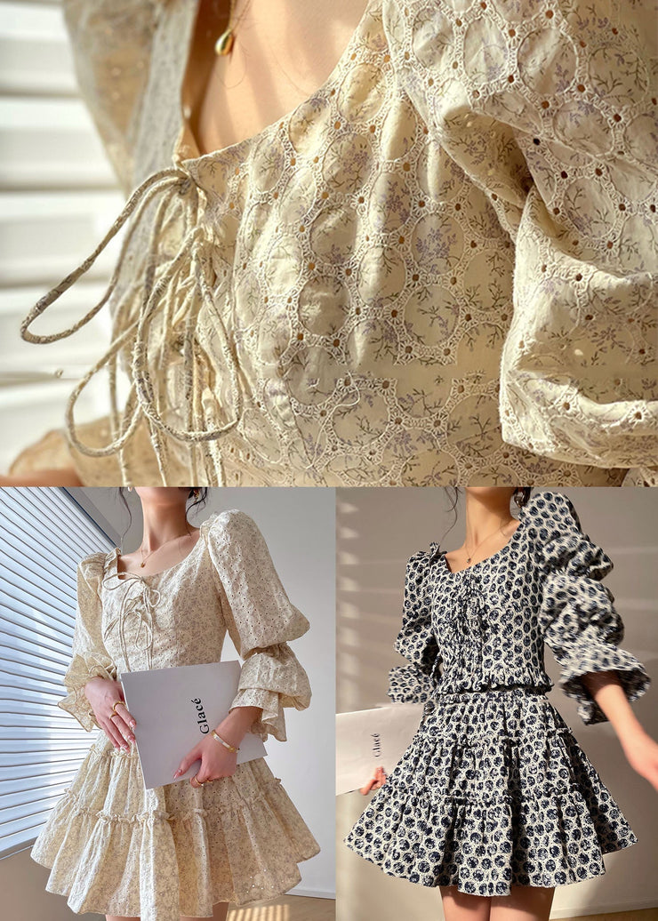 Bohemian Beige Square Collar Ruffled Print Cotton Dress Two Piece Set Long Sleeve