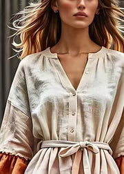 Bohemian Beige V Neck Button Tie Waist Cotton Blouses Fall