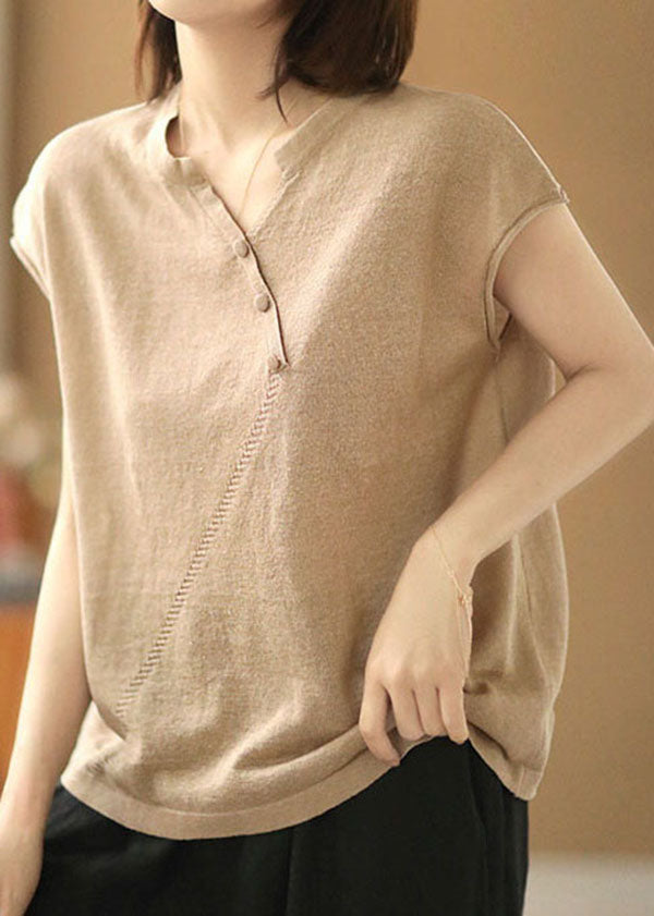 Bohemian Beige V Neck Solid Color Knit Tops Short Sleeve