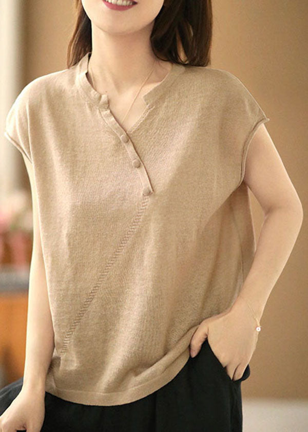 Bohemian Beige V Neck Solid Color Knit Tops Short Sleeve