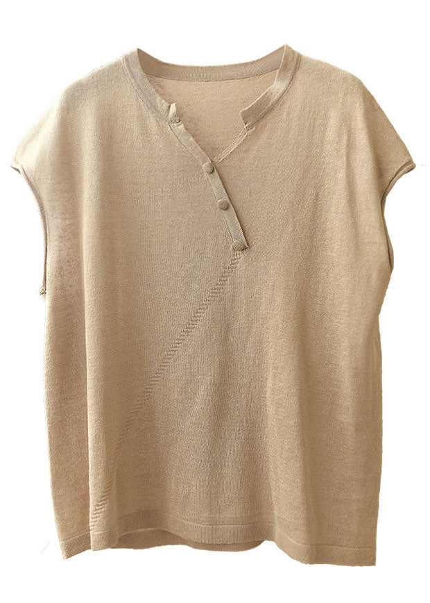 Bohemian Beige V Neck Solid Color Knit Tops Short Sleeve