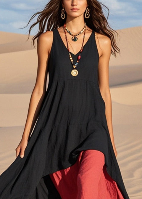 Bohemian Black Asymmetrical Exra Large Hem Cotton Sundress Summer