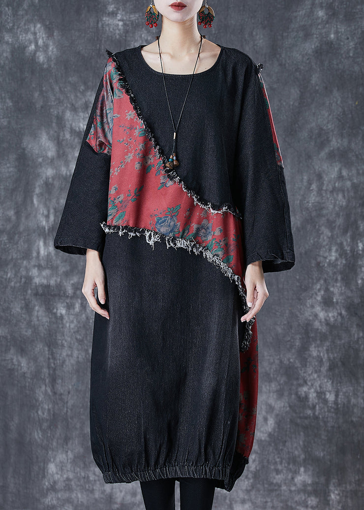 Bohemian Black Asymmetrical Patchwork Denim Holiday Dress Fall