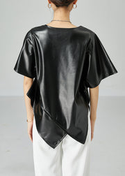 Bohemian Black Asymmetrical Patchwork Leather Tanks Short Sleeve