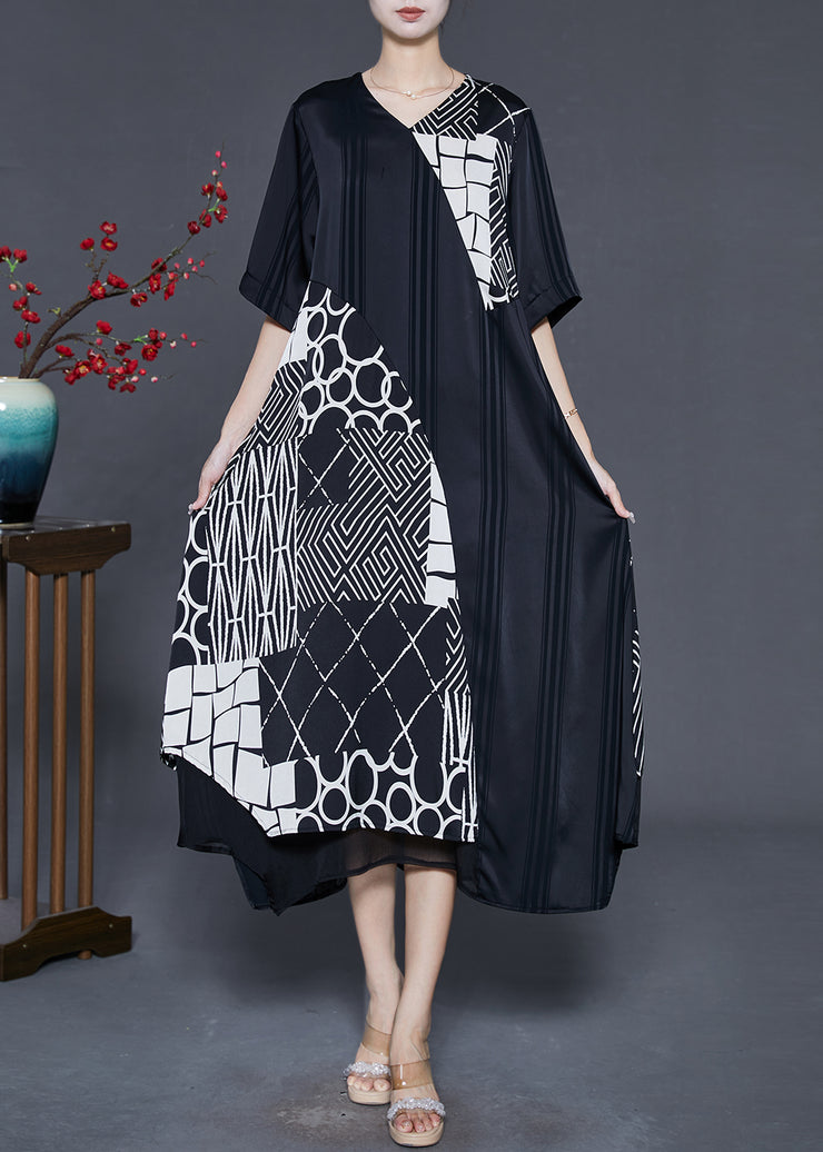 Bohemian Black Asymmetrical Patchwork Silk Maxi Dresses Summer