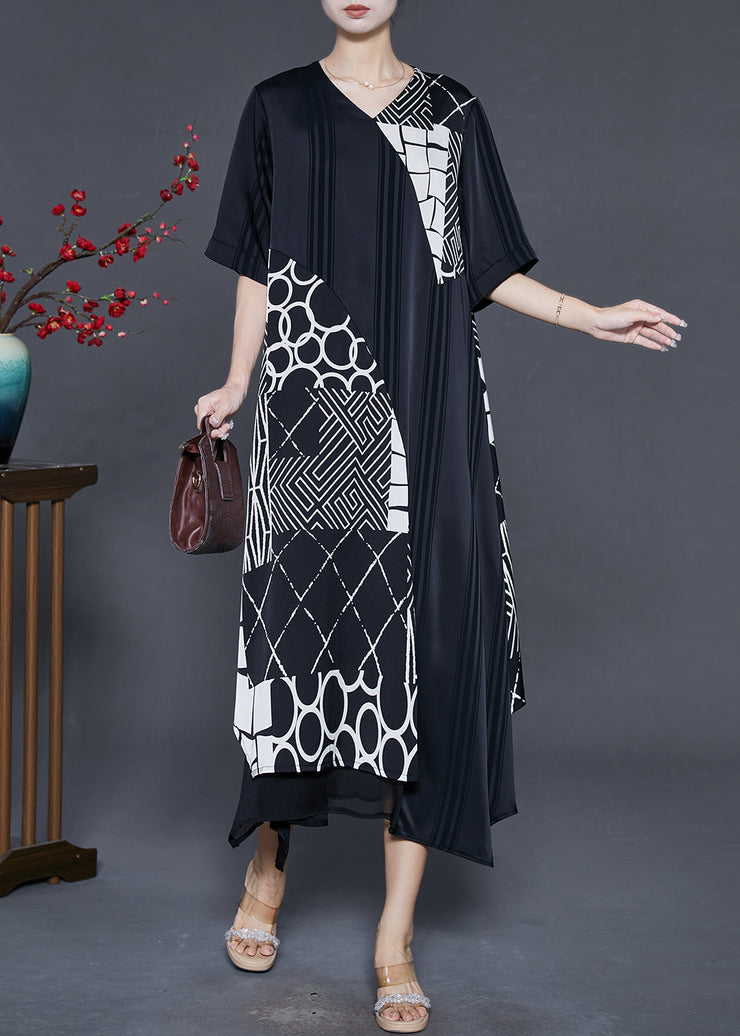 Bohemian Black Asymmetrical Patchwork Silk Maxi Dresses Summer