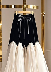 Bohemian Black Bow High Waist Tulle Patchwork Silk Velvet Skirt Spring