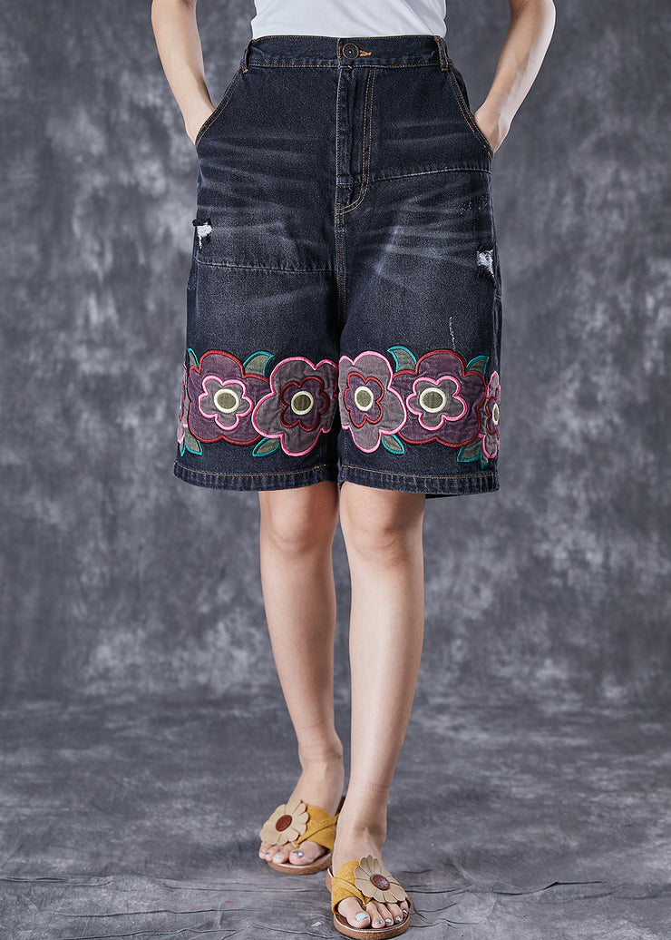 Bohemian Black Elastic Waist Embroidered Floral Denim Shorts Summer