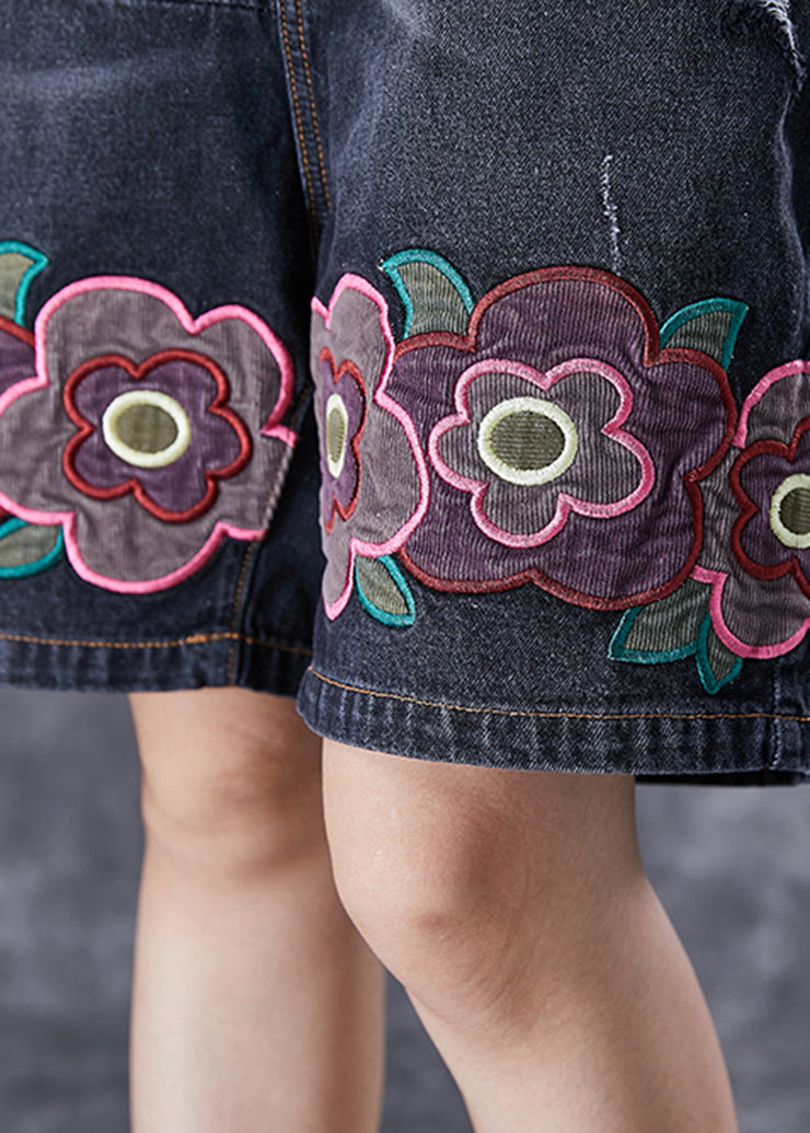 Bohemian Black Elastic Waist Embroidered Floral Denim Shorts Summer