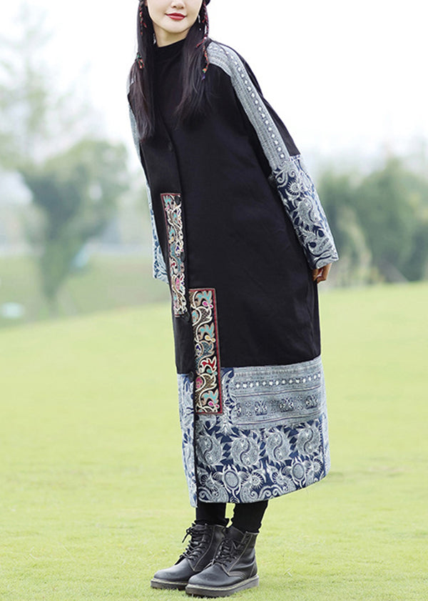 Bohemian Black Embroidered Patchwork Fine Cotton Filled Coat Spring