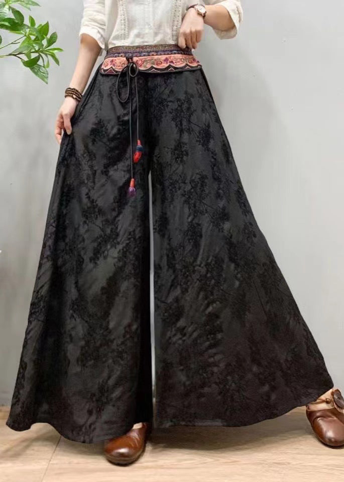 Bohemian Black Embroidered Patchwork Silk Wide Leg Pants Spring