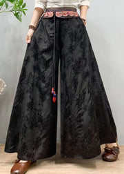 Bohemian Black Embroidered Patchwork Silk Wide Leg Pants Spring