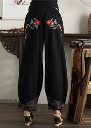 Bohemian Black Embroideried Elastic Waist Pockets Cotton Lantern Pants Spring