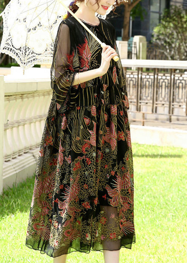 Bohemian Black Embroideried Lace Up Silk A Line Dresses Summer