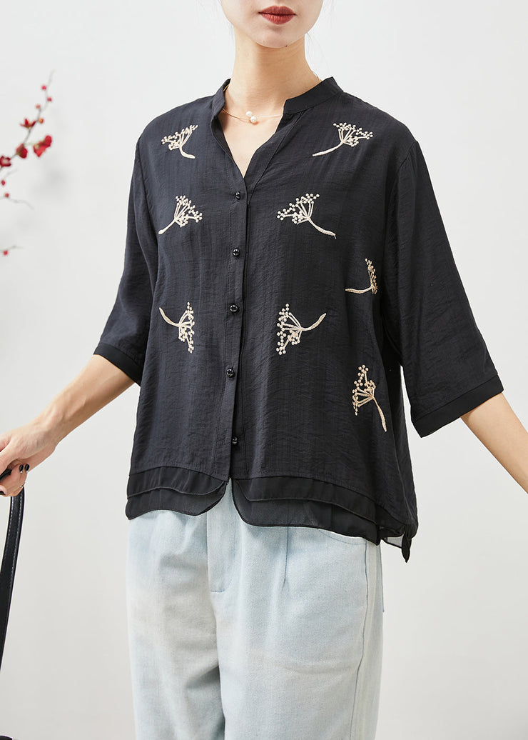 Bohemian Black Embroideried Patchwork Linen Shirt Top Half Sleeve