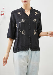 Bohemian Black Embroidered Patchwork Linen Shirt Top Half Sleeve